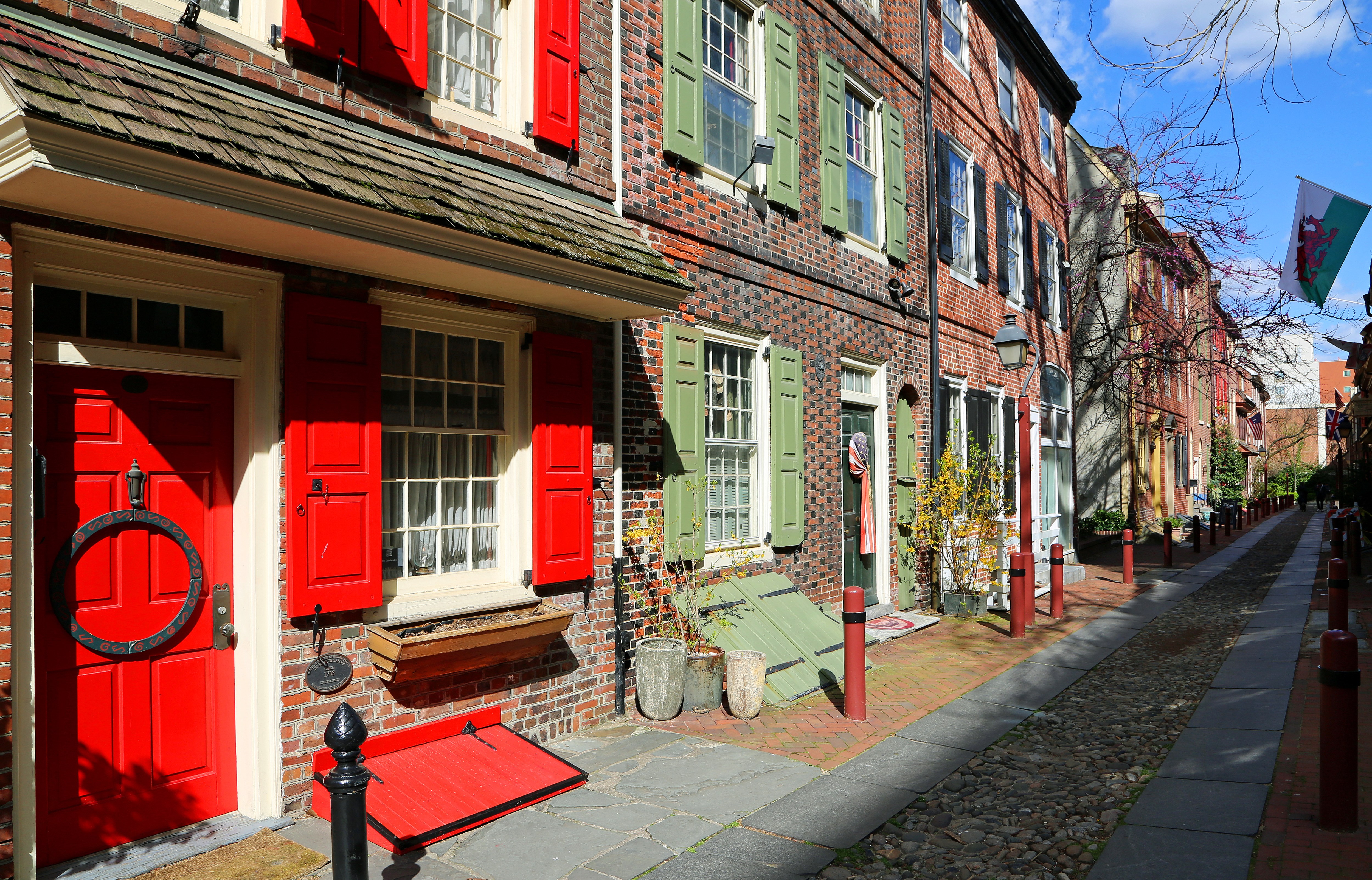 A historic 18th century residential street in Philadelphia, one of the host cities for the 2026 FIFA World Cup