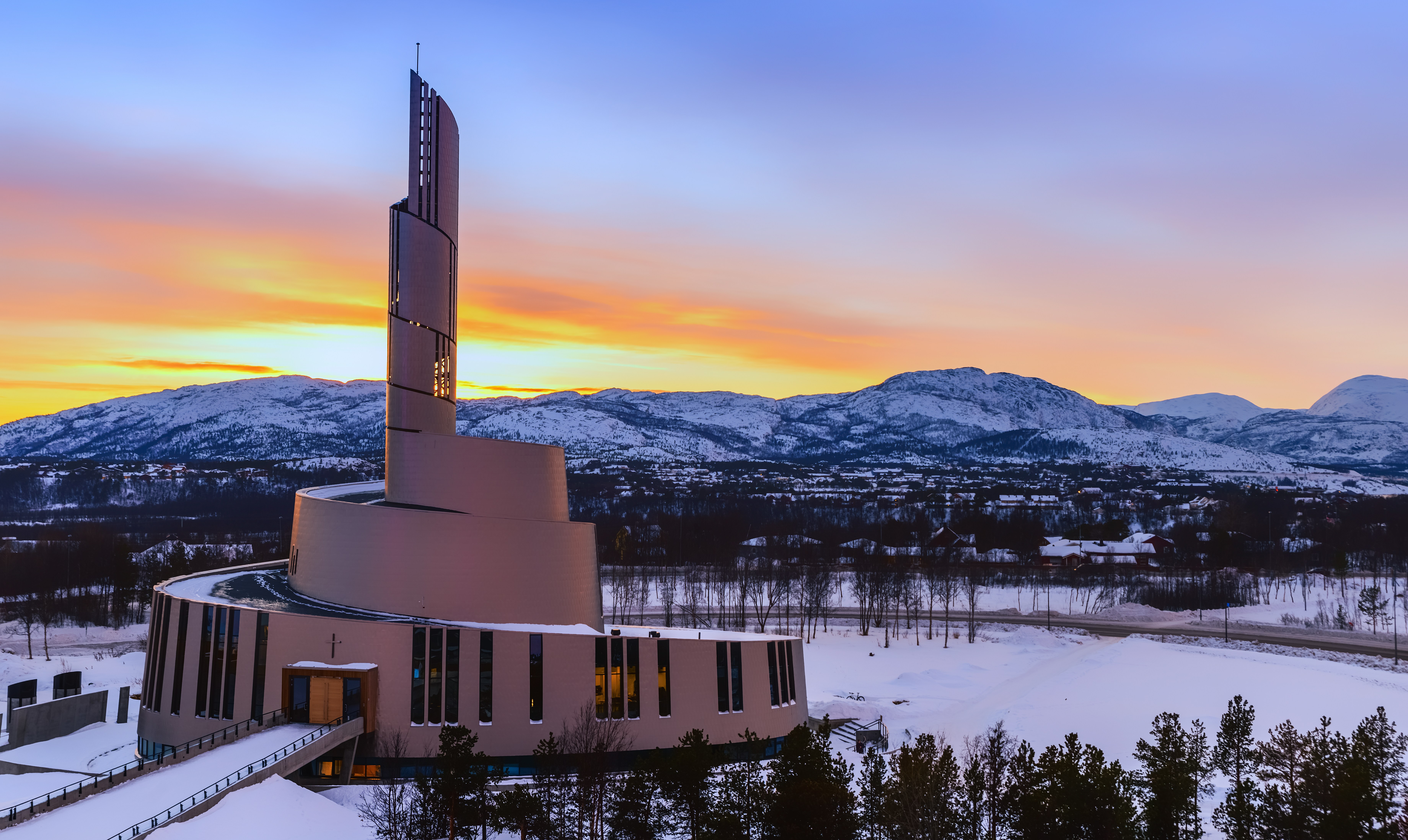 Northern Lights Cathedral at sunset in Alta, Norway.
