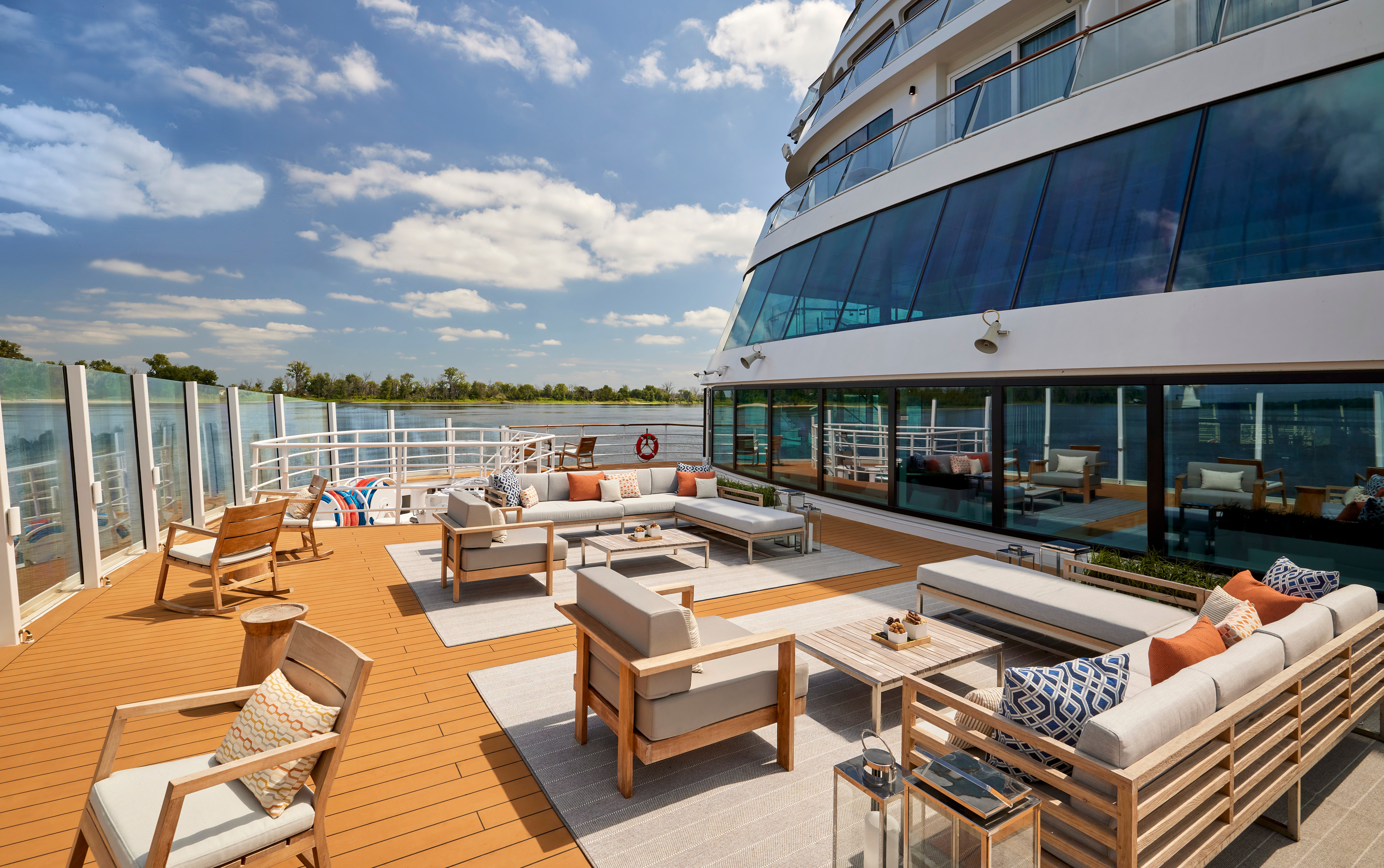 Outdoor seating area on the Viking Mississippi river ship.
