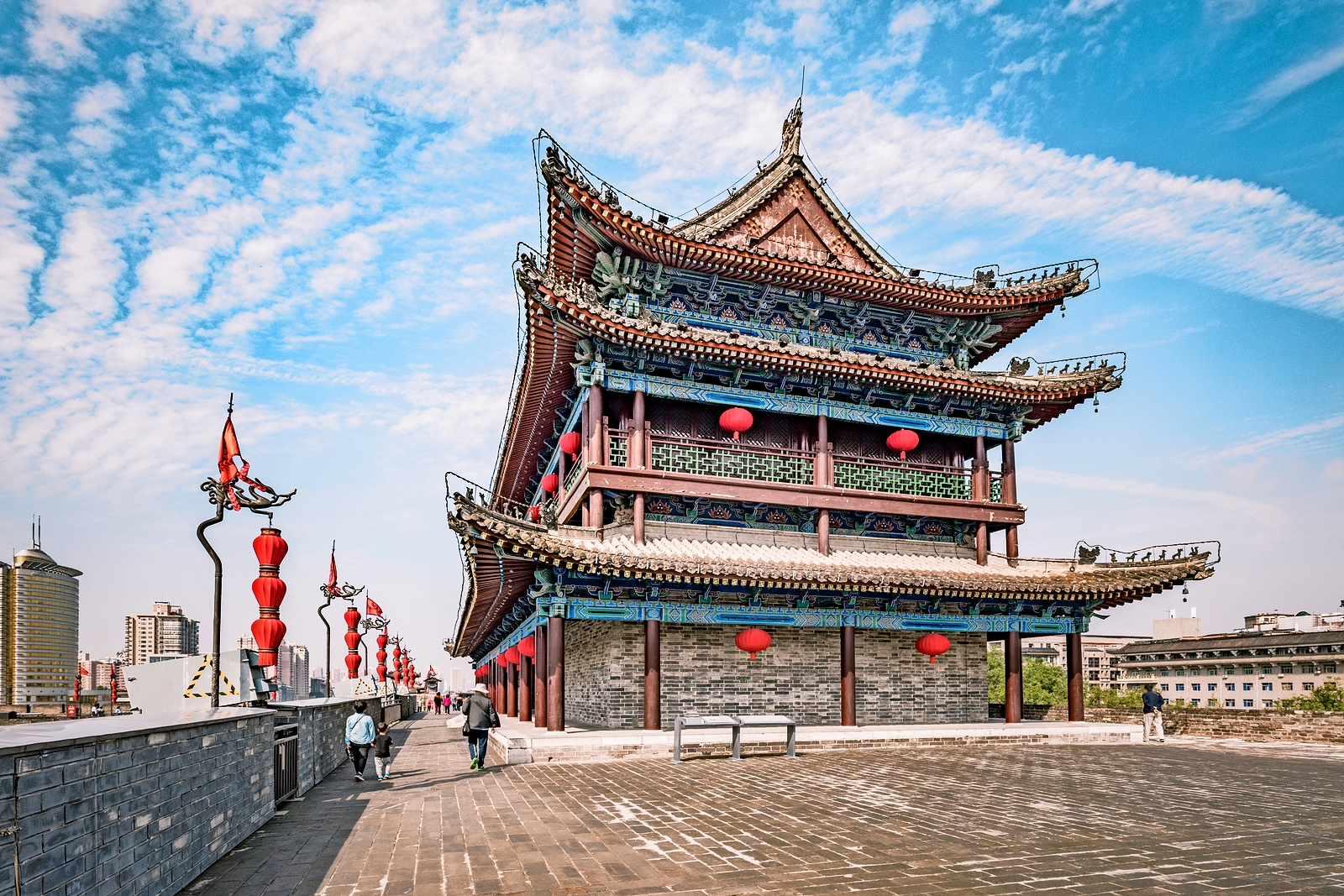 Xi'an city wall tower and walkway.