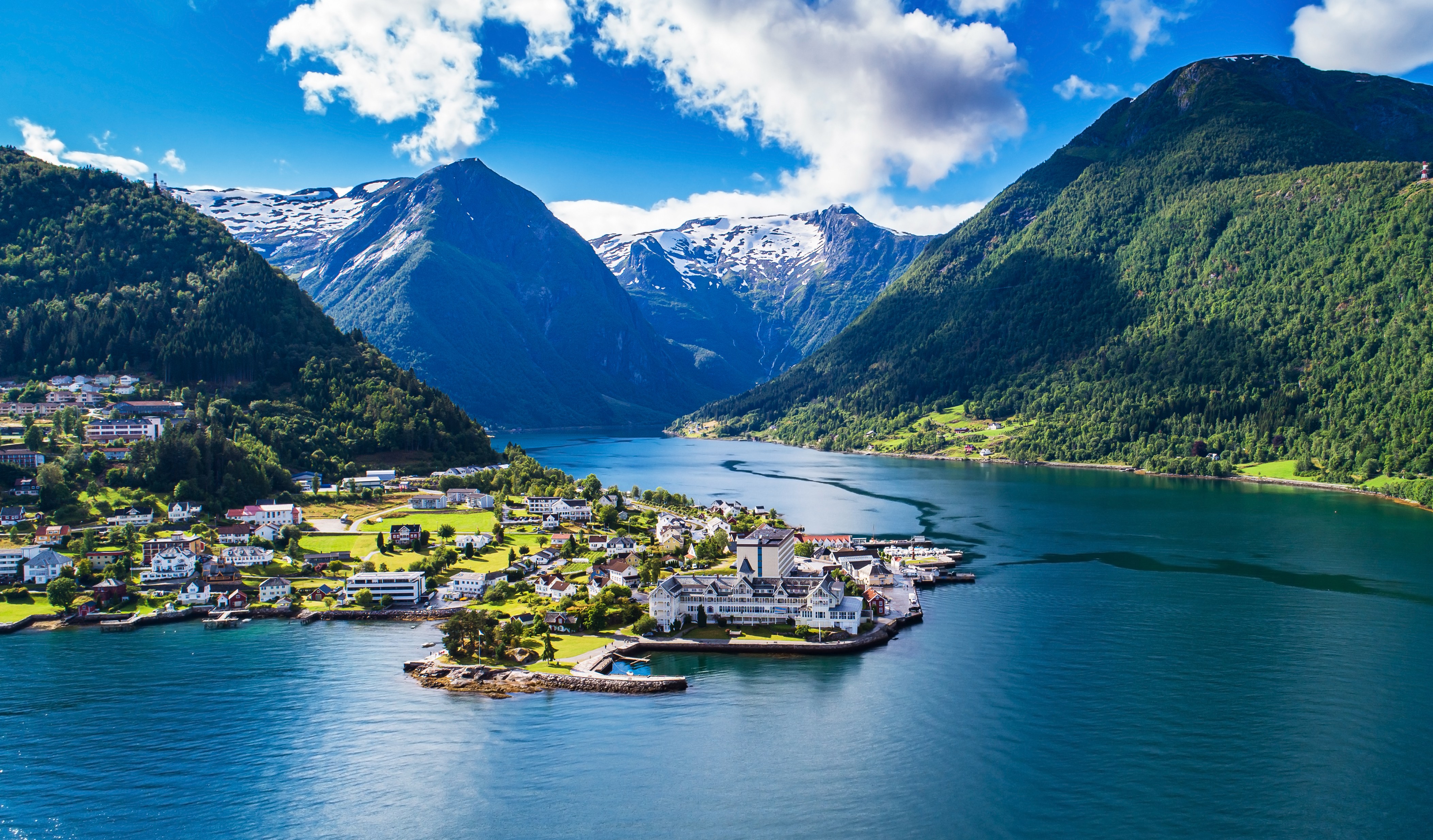 Scenic view of Balestrand, Norway, surrounded by mountains and fjords.